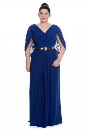 Parlement Mavi Krep Büyük Beden Uzun Düğün Elbisesi Y3063