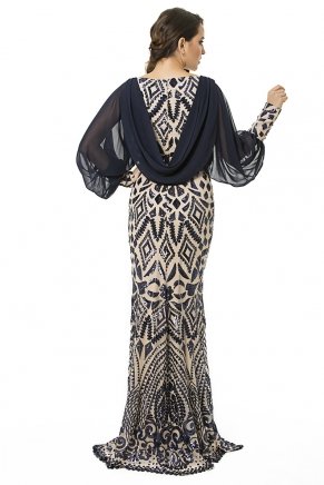 Small Size Navy  Long Sleeve Long Evening Dress Y6398