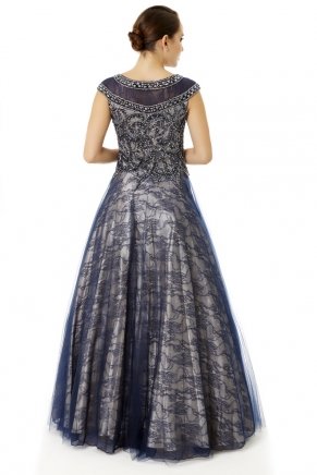Navy  Boat Neck Small Size Long Evening Dress Y6470