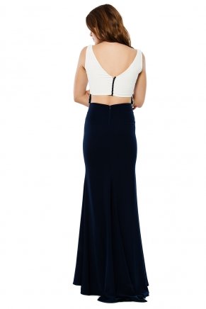 Small Size Navy/whıte Open Back Long Evening Dress Y5308