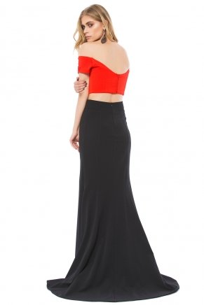 Black/ferrarı Red Off Shoulder Crepe Small Size Evening Dress Y6421