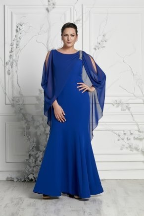 Parlement Mavi Krep Büyük Beden Uzun Düğün Elbisesi Y7017