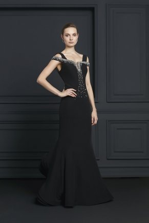Small Size Black Tailed Long Evening Dress Y7144