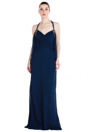 Small Size Navy  Long Halter Strap Evening Dress Y7641