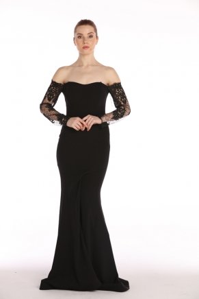 Black Off Shoulder Crepe Small Size Evening Dress Y7404