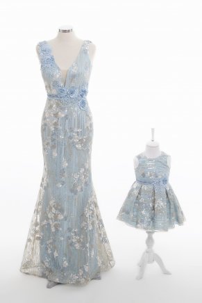 Anne Kız Çocuk Beden Mavi Kısa Elbise Modelleri | Alchera.com