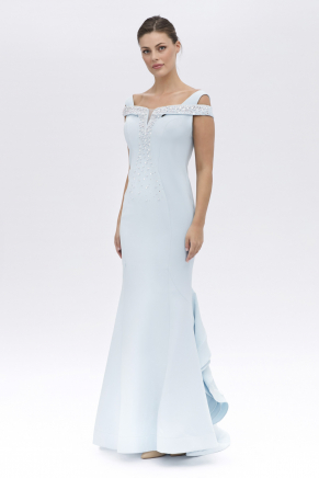 Küçük Beden Toz Mavi Kayık Yaka Krep Düğün Elbisesi Y7144